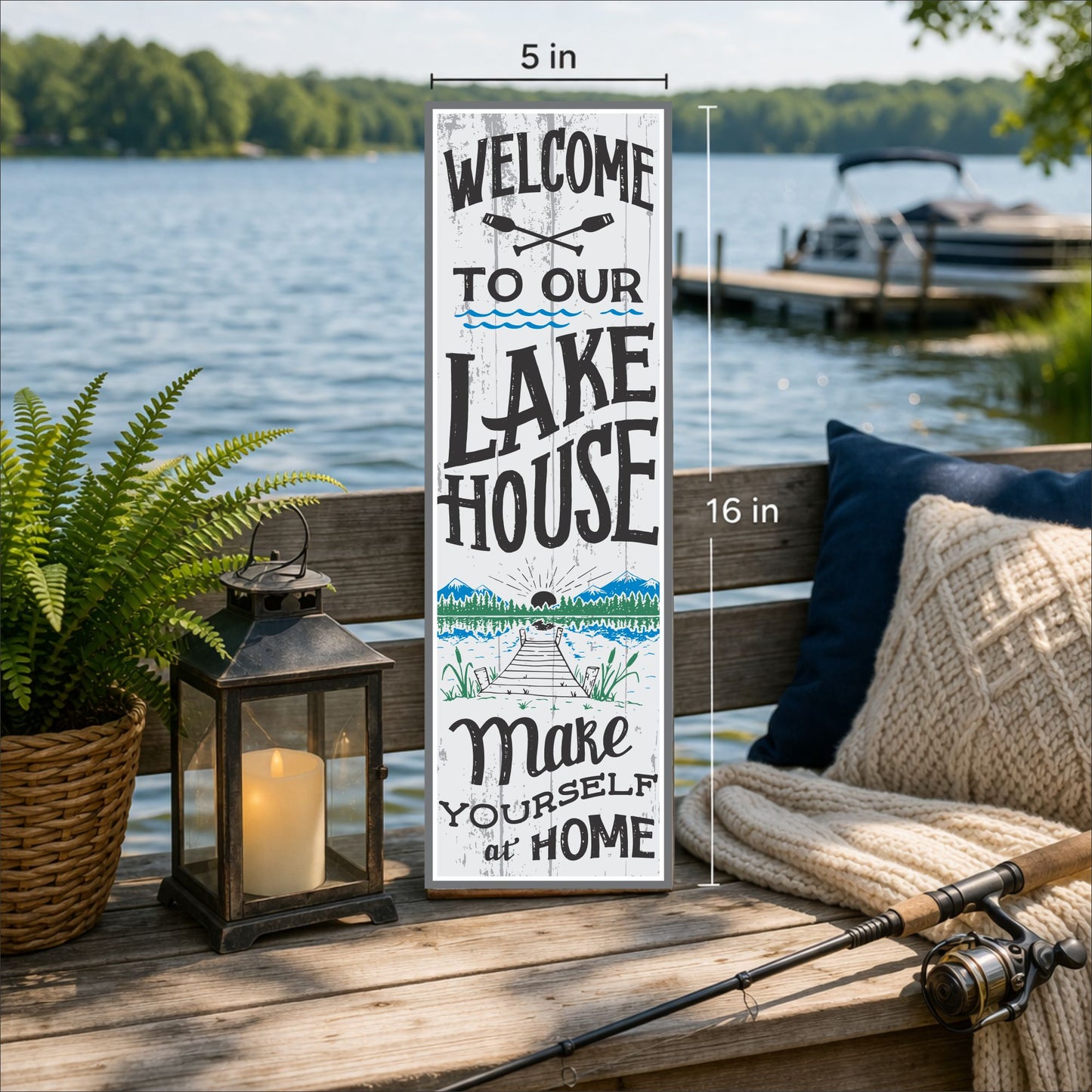 lake house sign on outdoor bench with lake view rustic cabin decor vertical sign