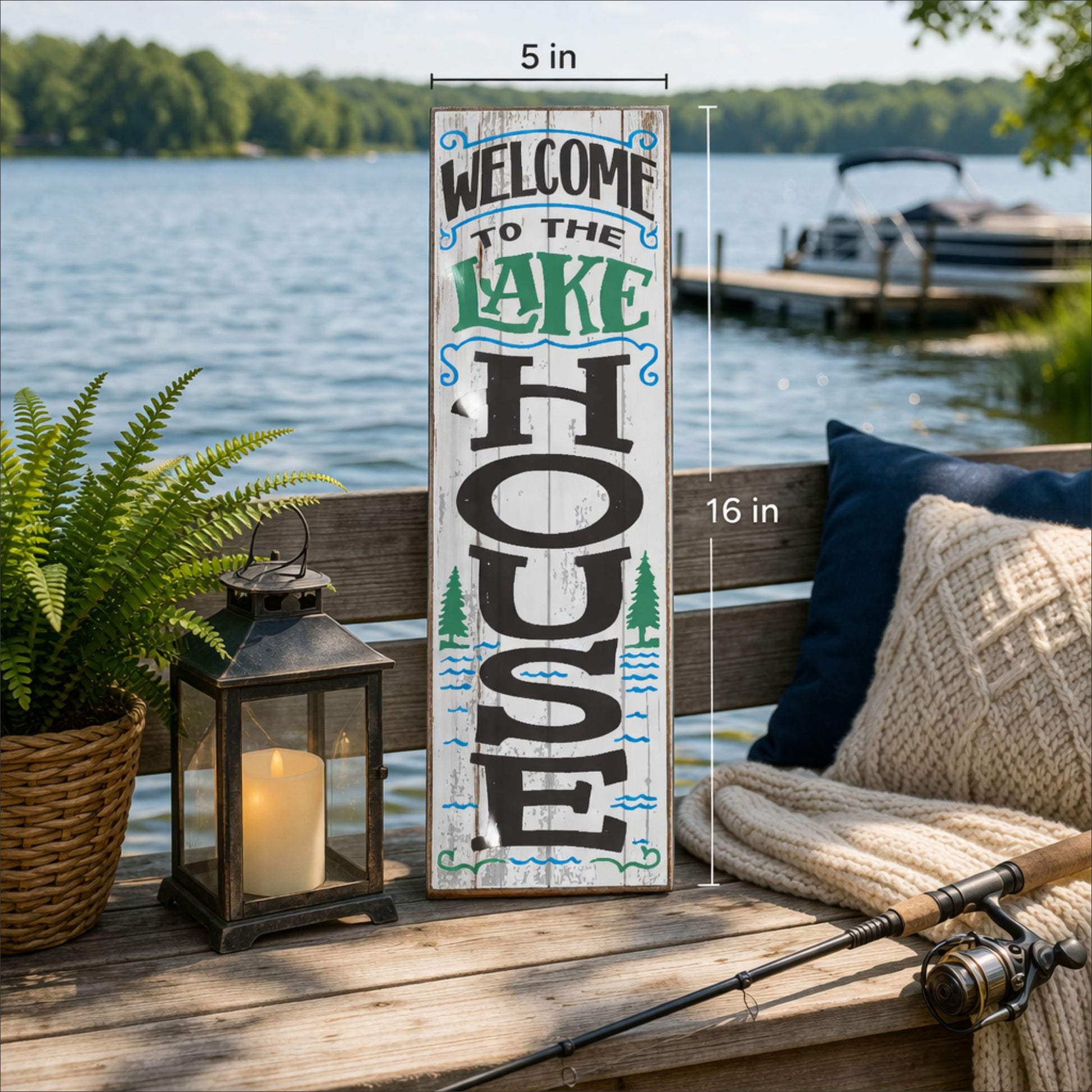 lake house sign displayed on outdoor bench with lake in background vertical decor sign