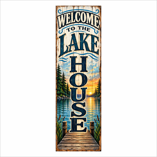  Vertical lake house welcome sign featuring crossed paddles, evergreen trees, a sunset lake and dock.