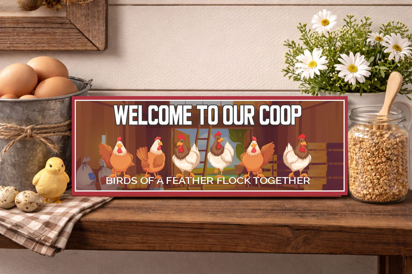 farmhouse shelf display with chicken coop sign eggs and rustic decor