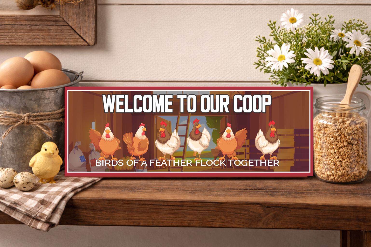 farmhouse shelf display with chicken coop sign eggs and rustic decor