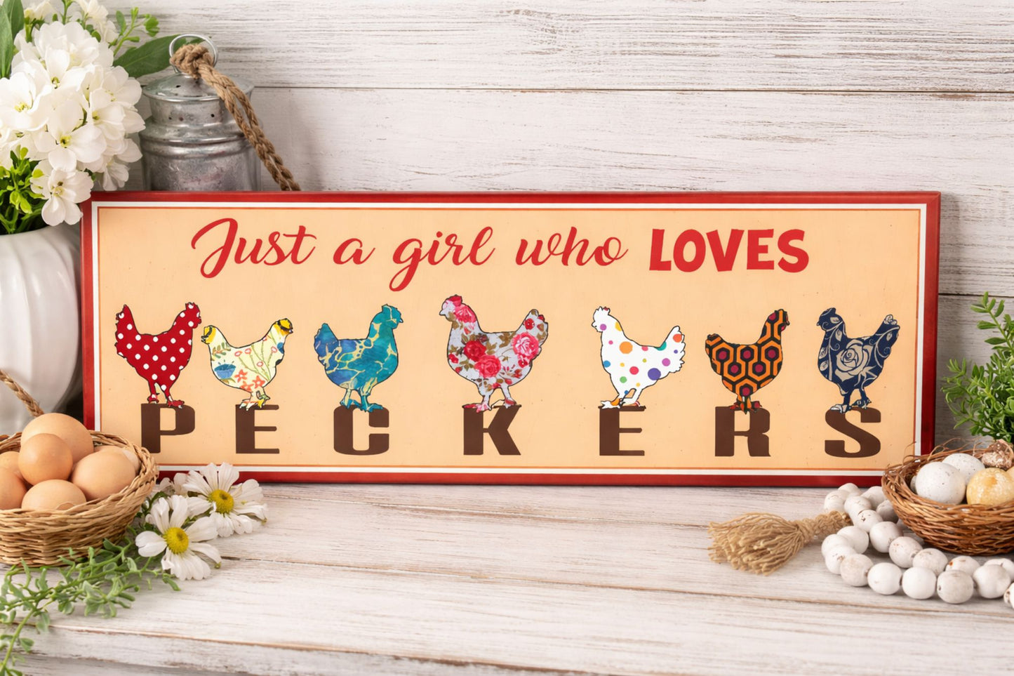 farmhouse shelf display chicken sign with eggs flowers rustic background long narrow decor sign