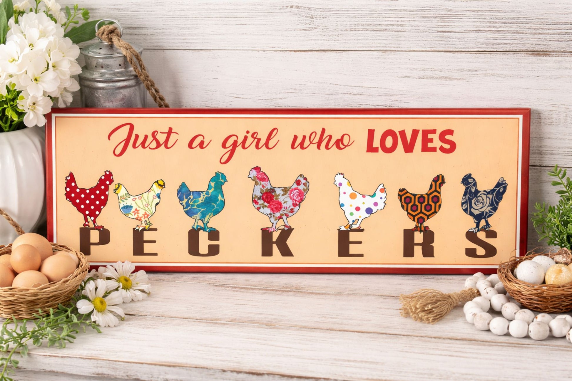 farmhouse shelf display chicken sign with eggs flowers rustic background long narrow decor sign
