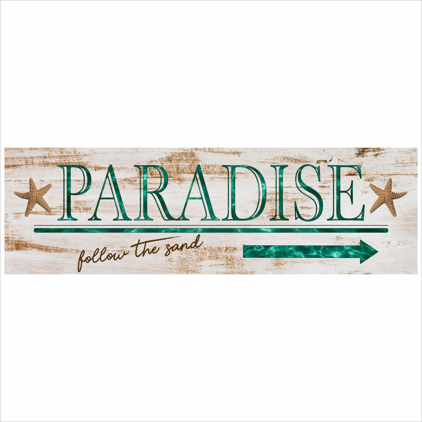 close up of paradise beach sign showing textured lettering and weathered wood background