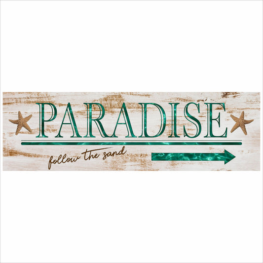close up of paradise beach sign showing textured lettering and weathered wood background