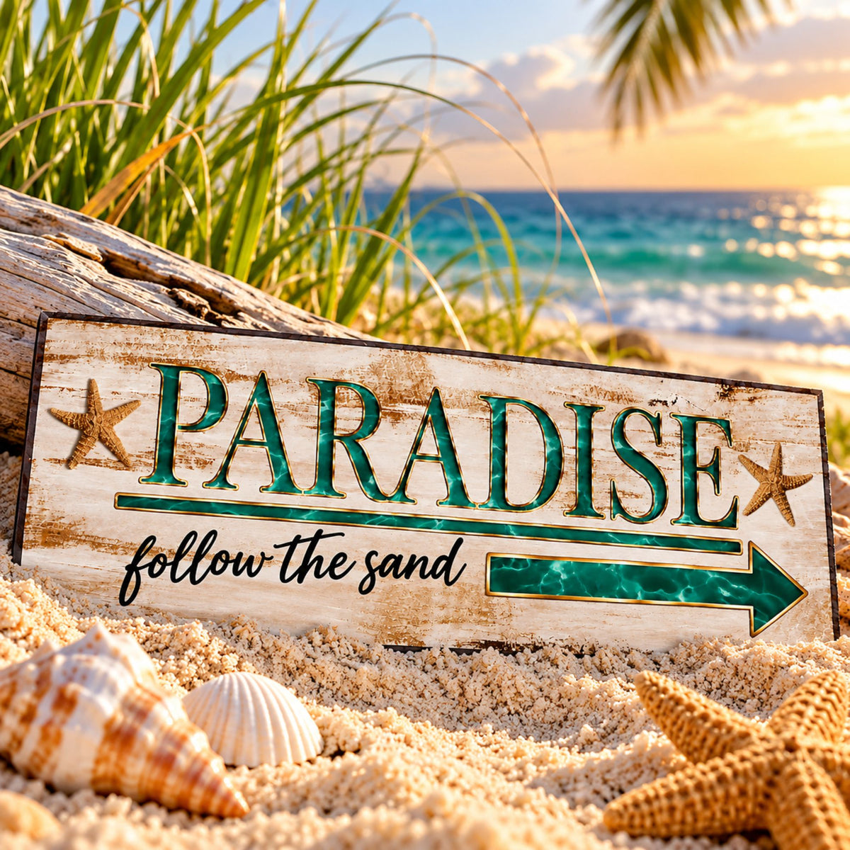 paradise sign displayed in beach sand with shells and starfish