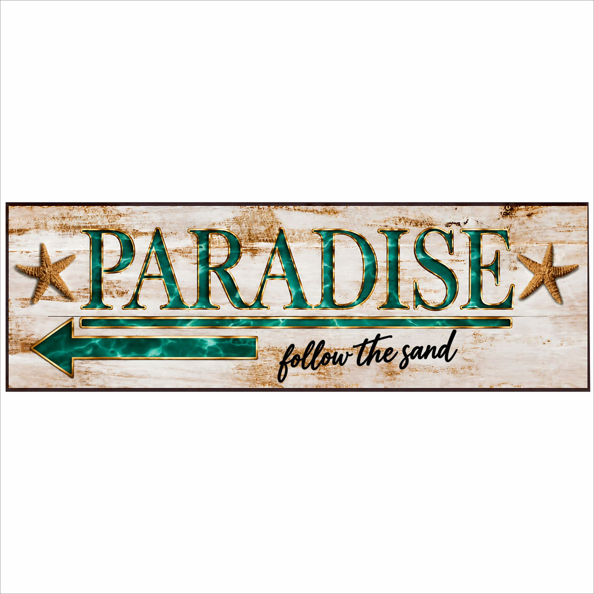 close up of paradise beach sign showing left arrow, textured lettering and printed weathered wood background