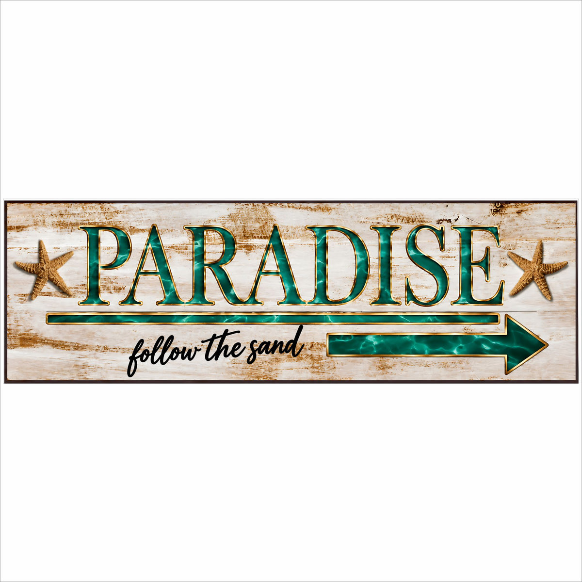 close up of paradise beach sign showing right arrow, textured lettering and printed weathered wood background
