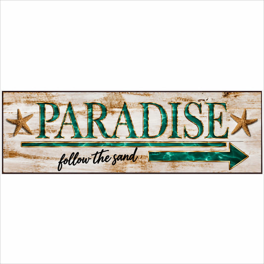 close up of paradise beach sign showing right arrow, textured lettering and printed weathered wood background