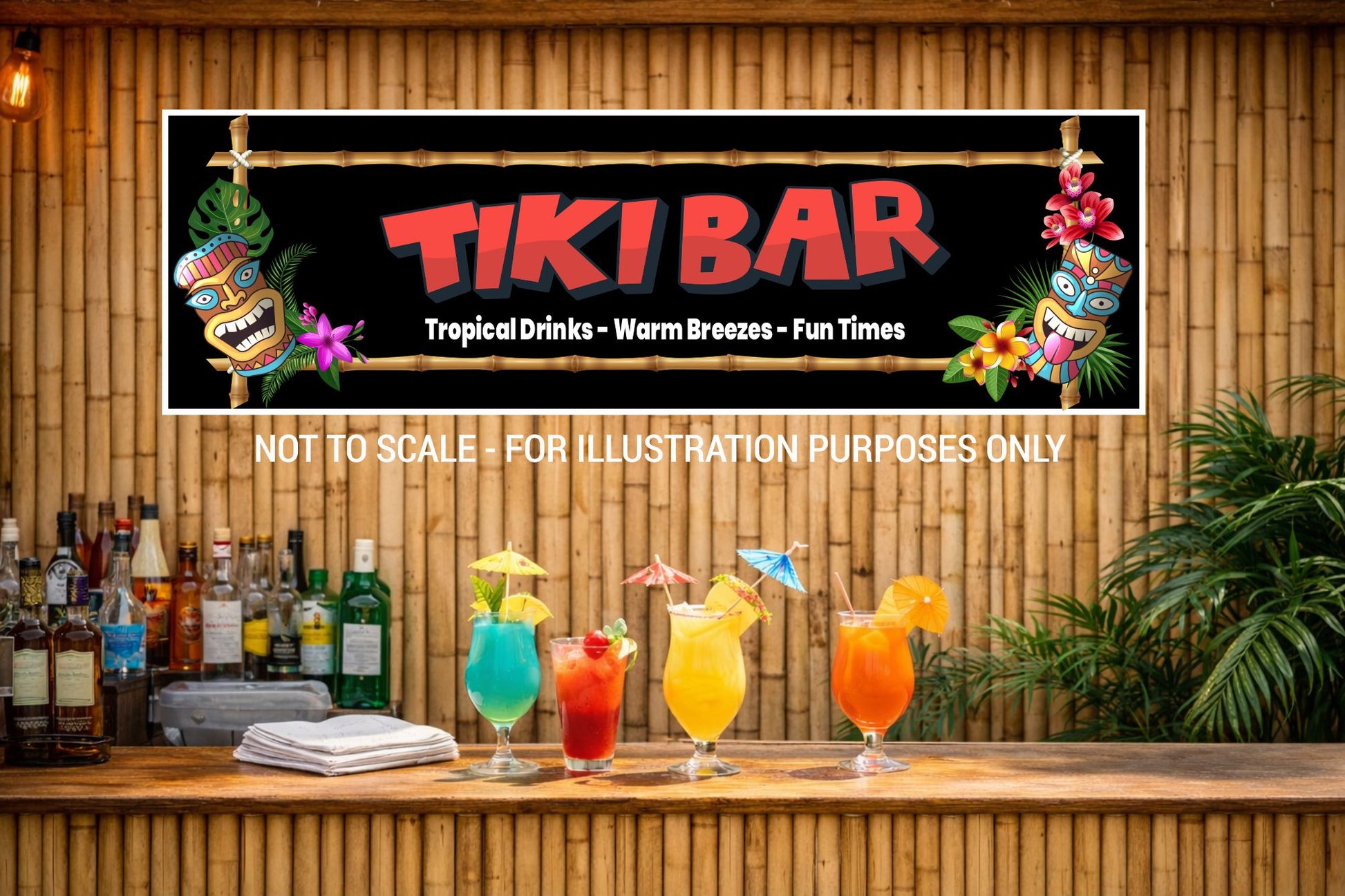 Tiki bar sign displayed above a tropical home bar with drinks and bamboo wall