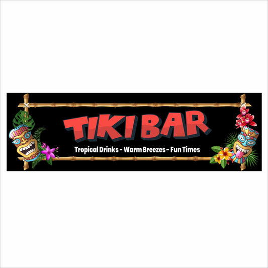 Tiki bar sign with tropical tiki artwork and phrase tropical drinks warm breezes fun times