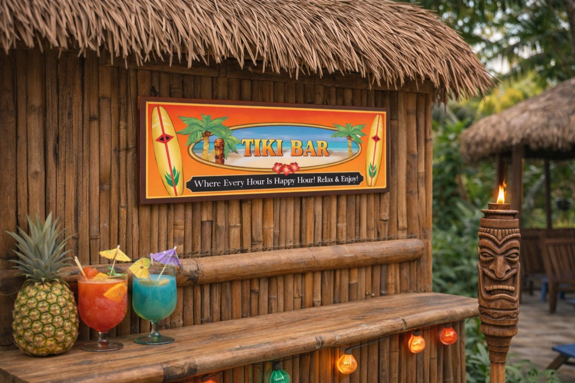 Outdoor tiki bar scene with a small tropical wall sign mounted near bamboo décor, showing how the sign looks in a real backyard setting.
