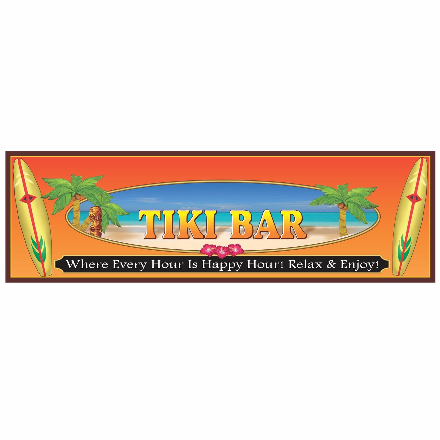 Tiki bar novelty sign with colorful surfboards, palm trees, tropical beach background, and bold lettering reading “Tiki Bar – Where Every Hour Is Happy Hour,” perfect for home bar or tiki bar decor