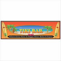 Tiki bar novelty sign with colorful surfboards, palm trees, tropical beach background, and bold lettering reading “Tiki Bar – Where Every Hour Is Happy Hour,” perfect for home bar or tiki bar decor