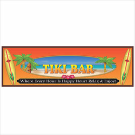Tiki bar novelty sign with colorful surfboards, palm trees, tropical beach background, and bold lettering reading “Tiki Bar – Where Every Hour Is Happy Hour,” perfect for home bar or tiki bar decor