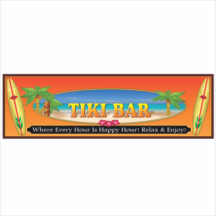 Tiki bar novelty sign with colorful surfboards, palm trees, tropical beach background, and bold lettering reading “Tiki Bar – Where Every Hour Is Happy Hour,” perfect for home bar or tiki bar decor