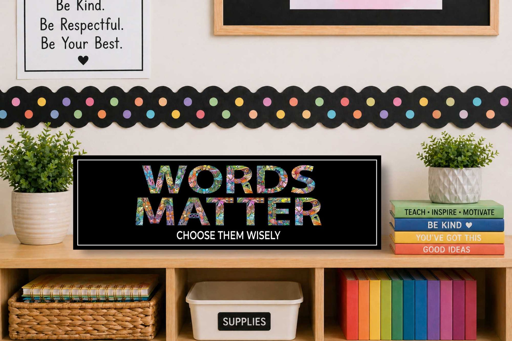 colorful words matter sign in classroom setting positive message wall decor