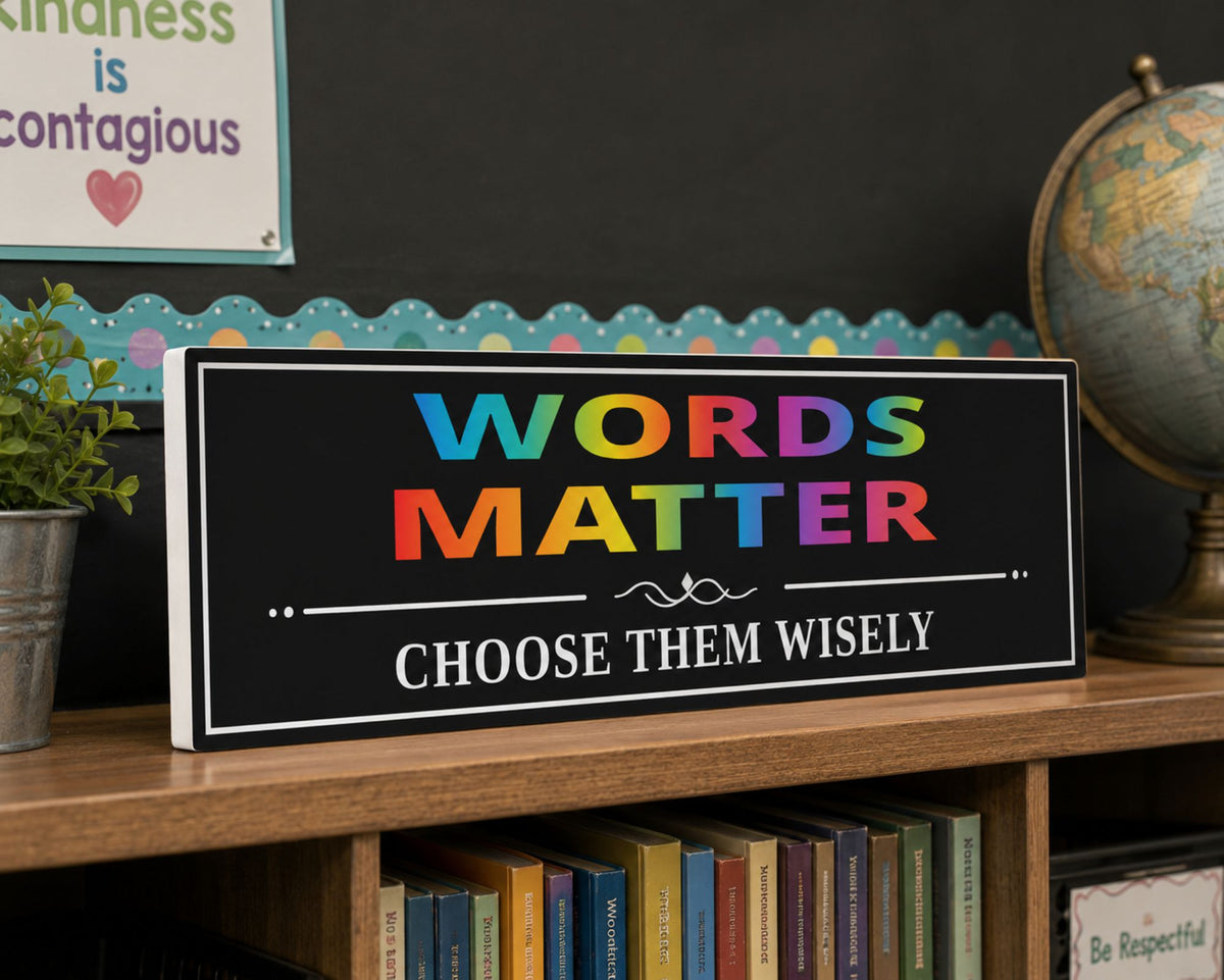 Words Matter Choose Them Wisely inspirational sign displayed on a shelf in a colorful classroom setting.