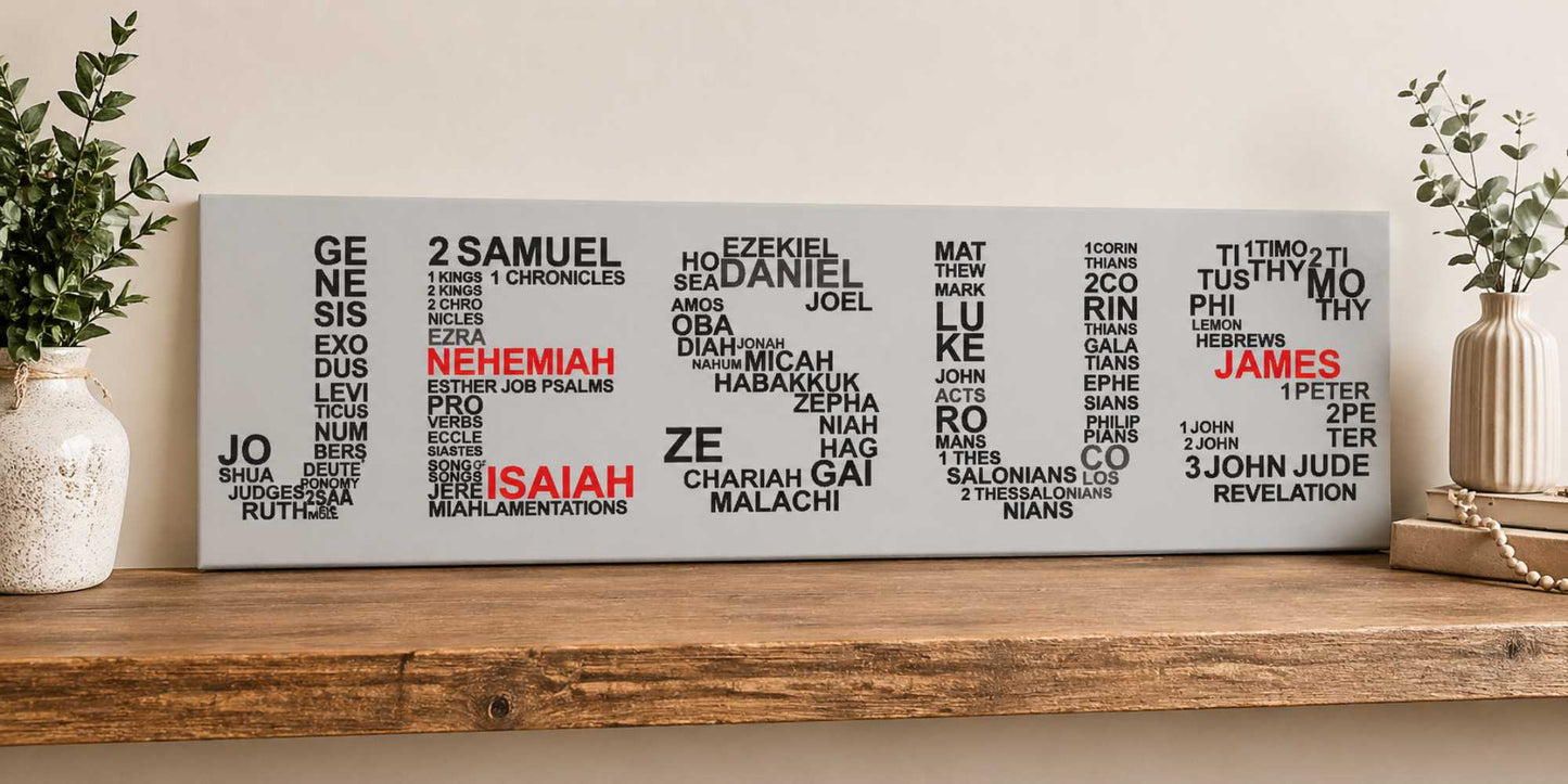lifestyle shelf display with bible word art sign in neutral modern home setting