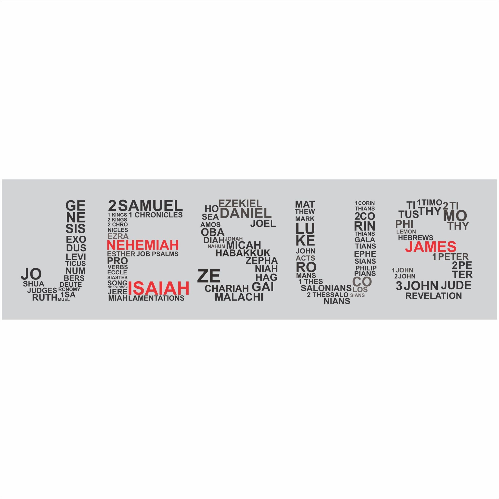 close-up bible books word art sign with scripture names forming large lettering