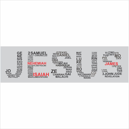 close-up bible books word art sign with scripture names forming large lettering