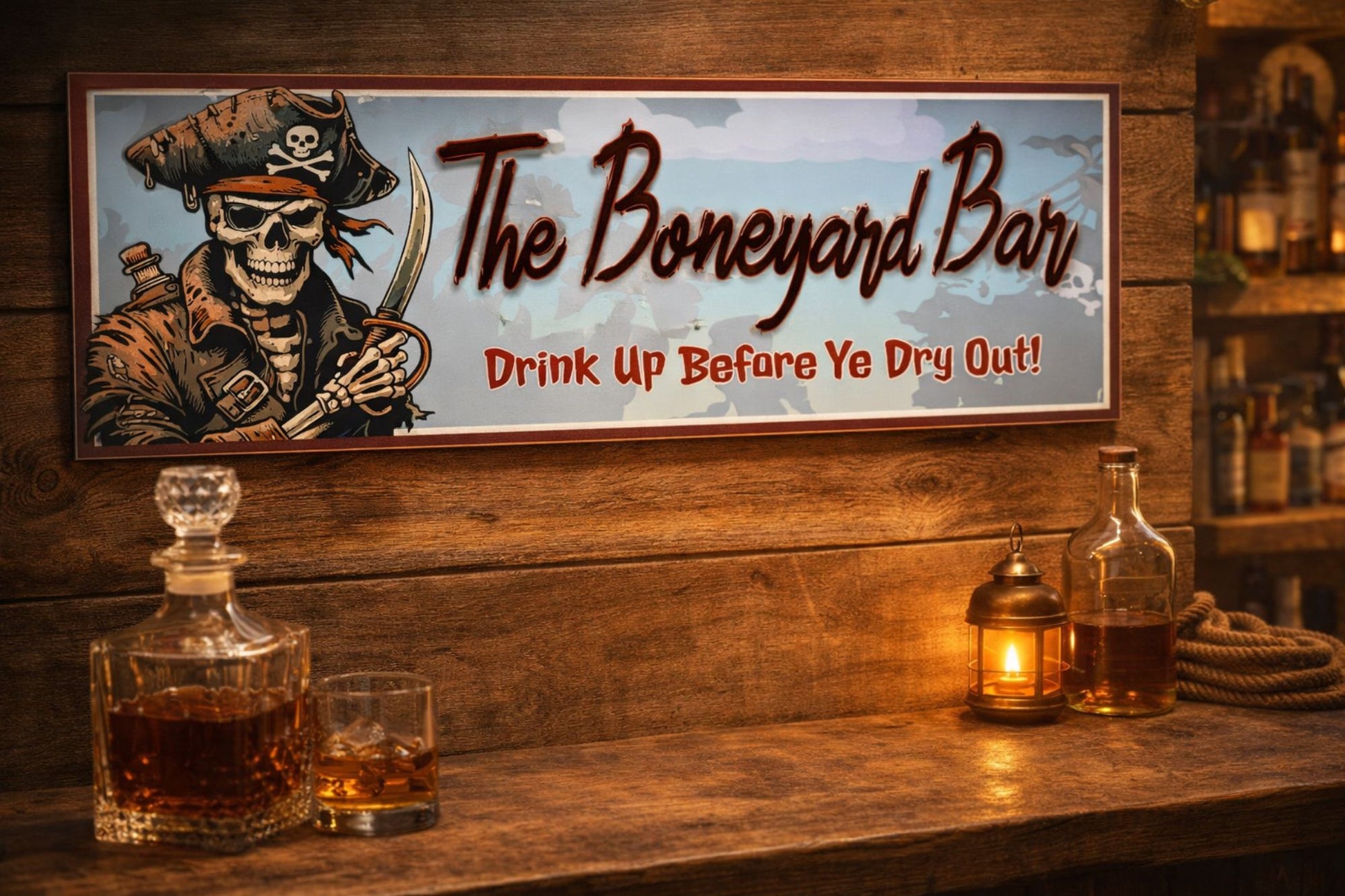 pirate bar sign displayed above wooden bar with bottles and warm lighting