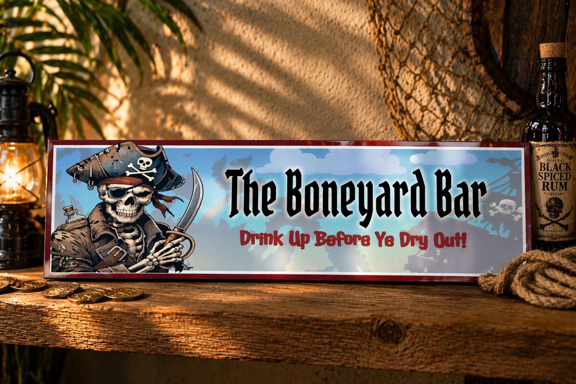 pirate bar shelf with skeleton sign rum bottles rope and nautical decor