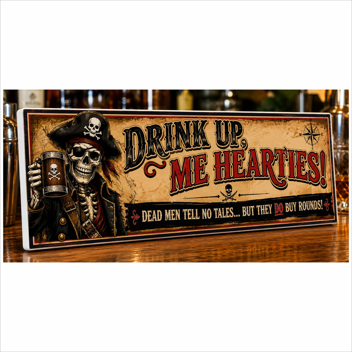 Pirate bar sign displayed on a wooden bar top featuring skeleton pirate artwork and funny drinking quote