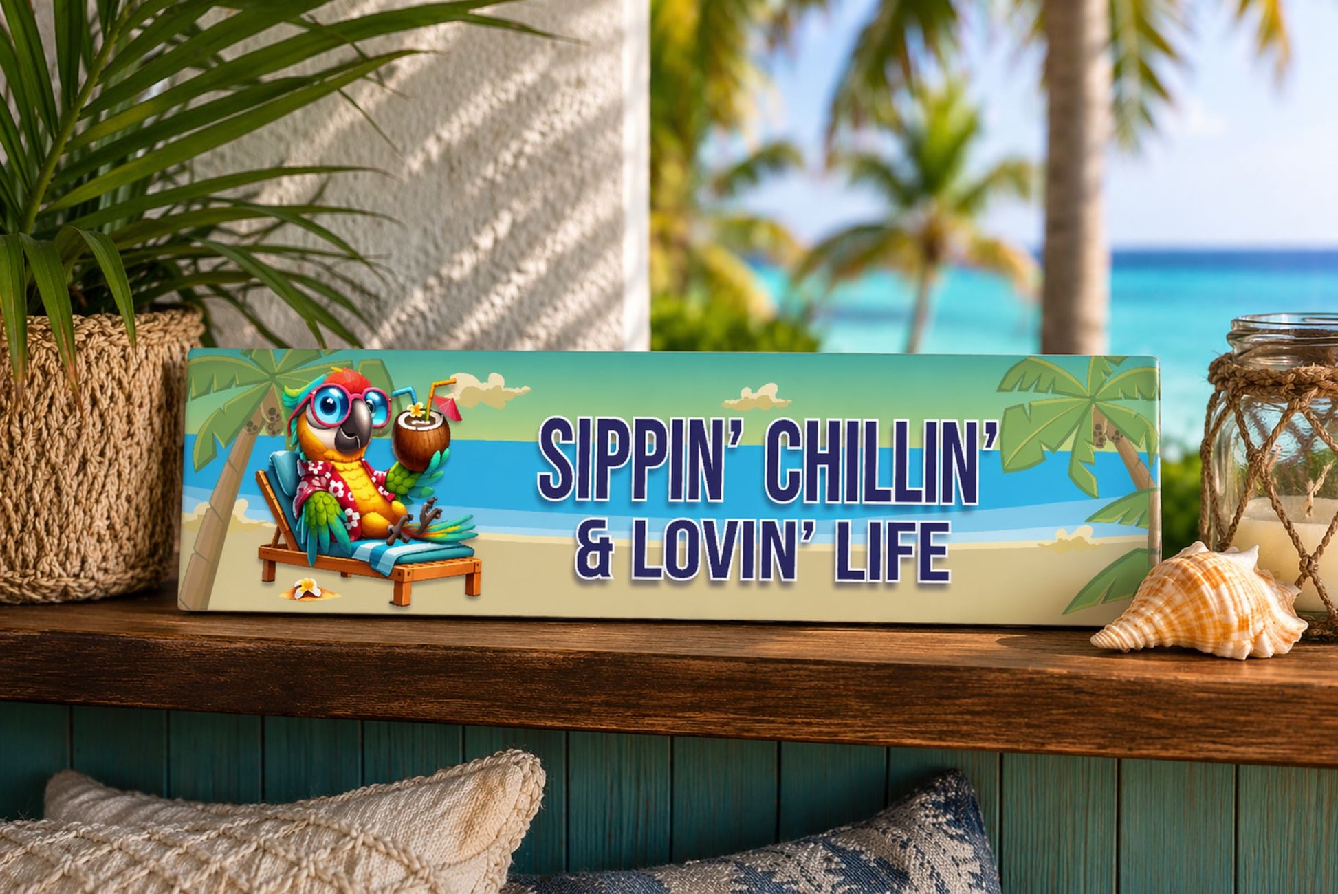 tropical bar shelf with parrot beach sign palm trees drink decor coastal setting