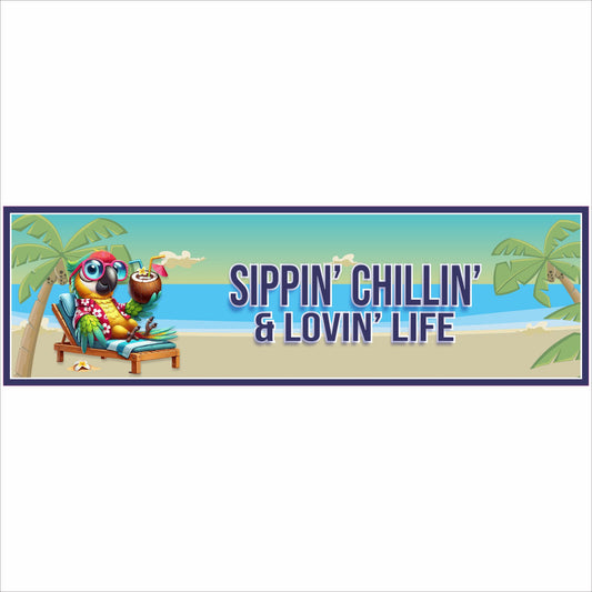 sippin chillin and lovin life parrot beach sign colorful tropical wall decor close up