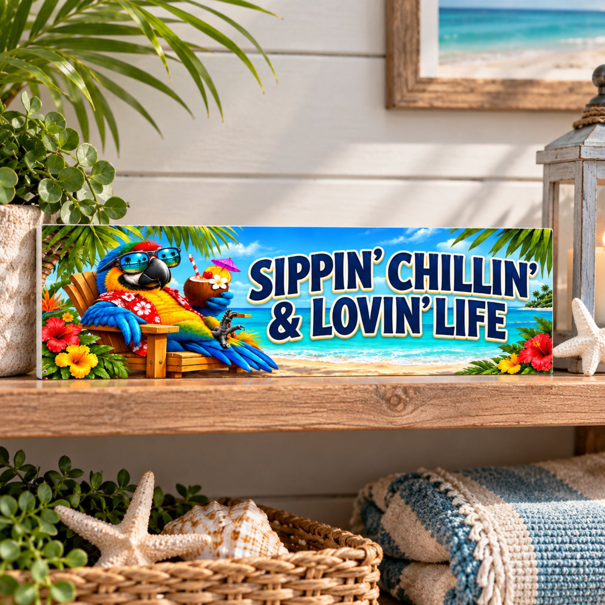 Sippin’ Chillin’ & Lovin’ Life tropical parrot sign displayed on a coastal shelf with beach decor.