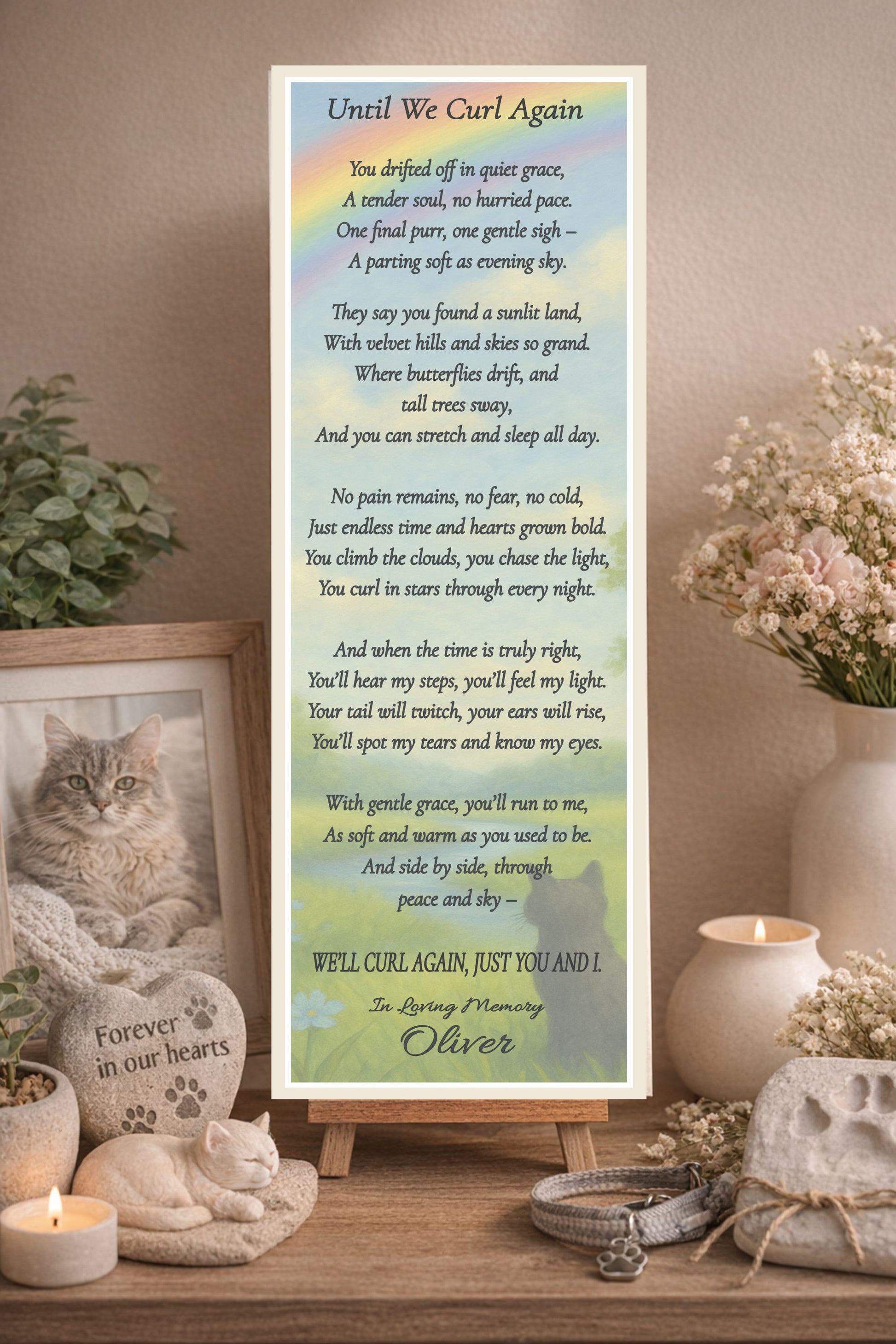 cat memorial sign on shelf with candle flowers and soft neutral decor sympathy display