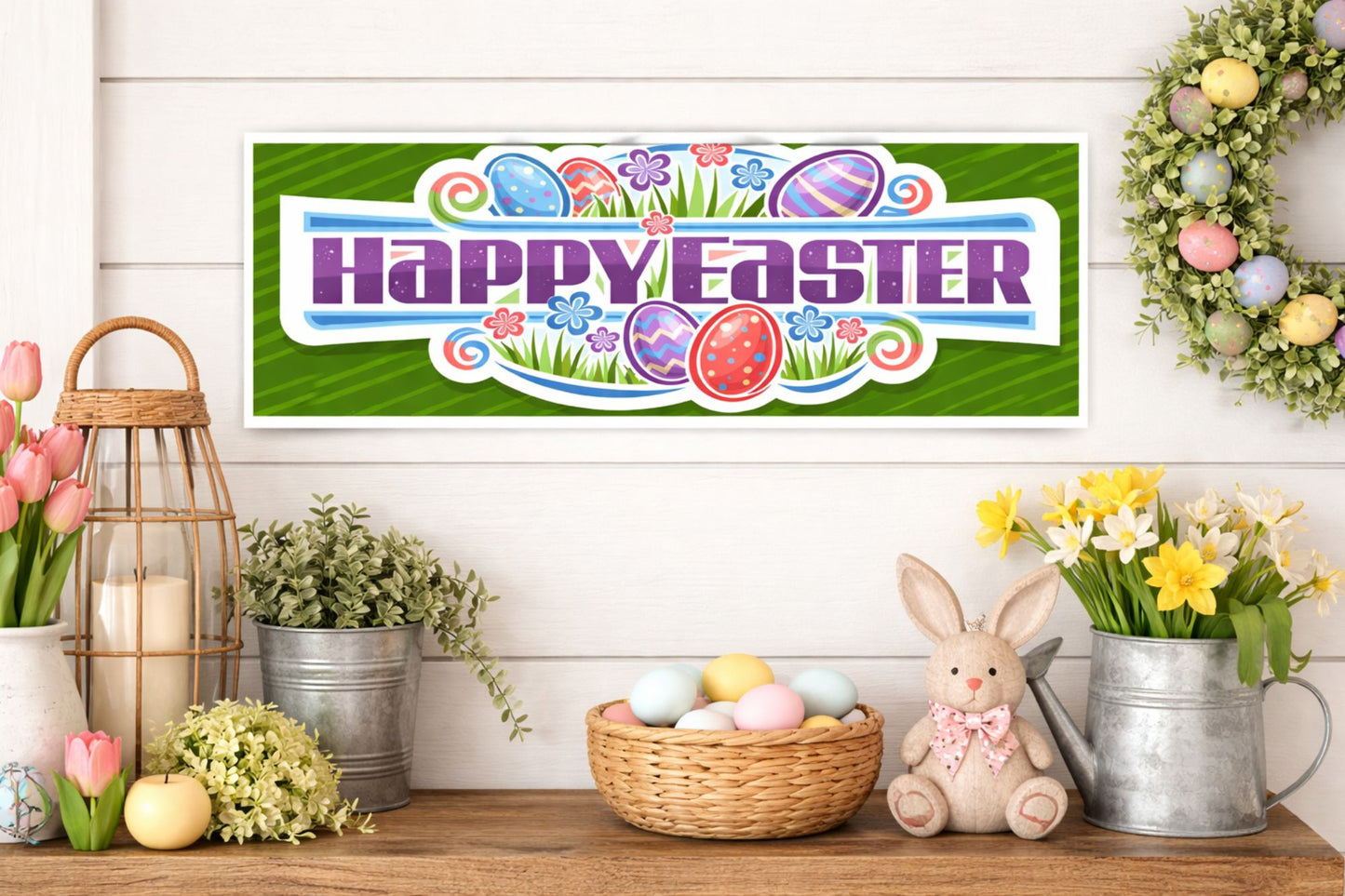 Happy Easter wall sign displayed in spring décor setting with flowers and Easter eggs