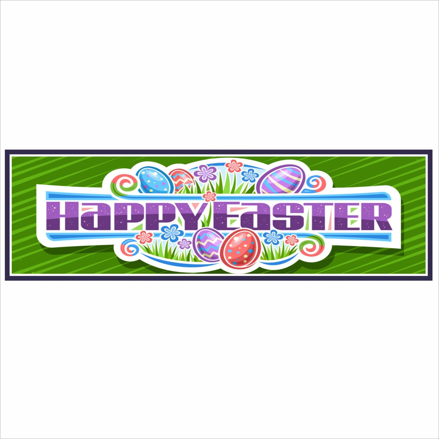 Happy Easter wall sign close-up showing colorful eggs and flowers on a green background