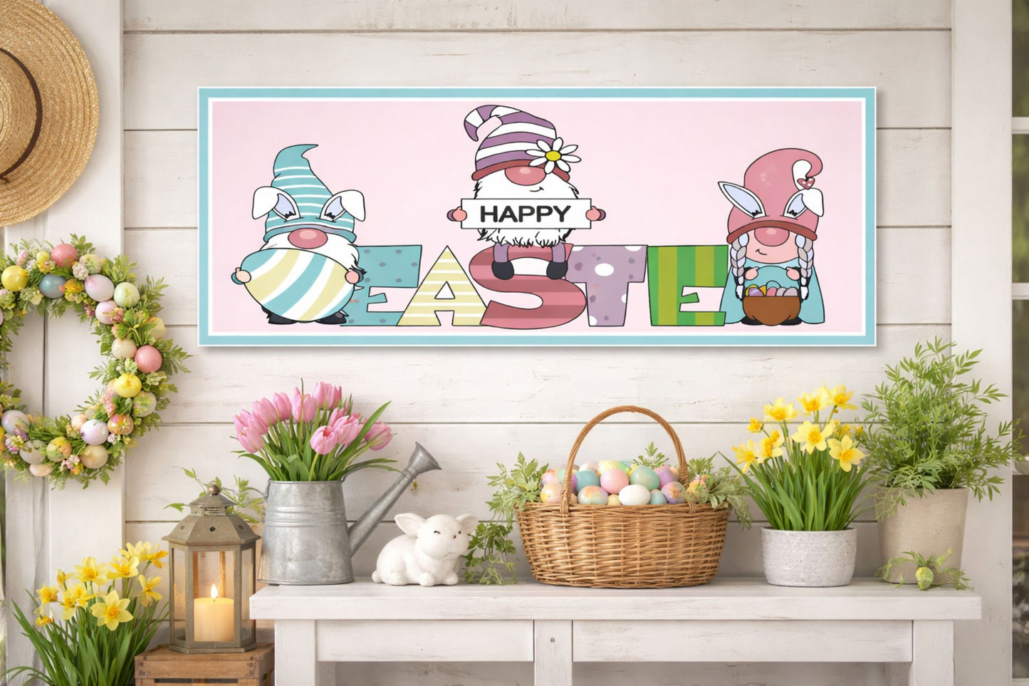 Happy Easter gnome sign displayed on a spring-themed wall with Easter decor