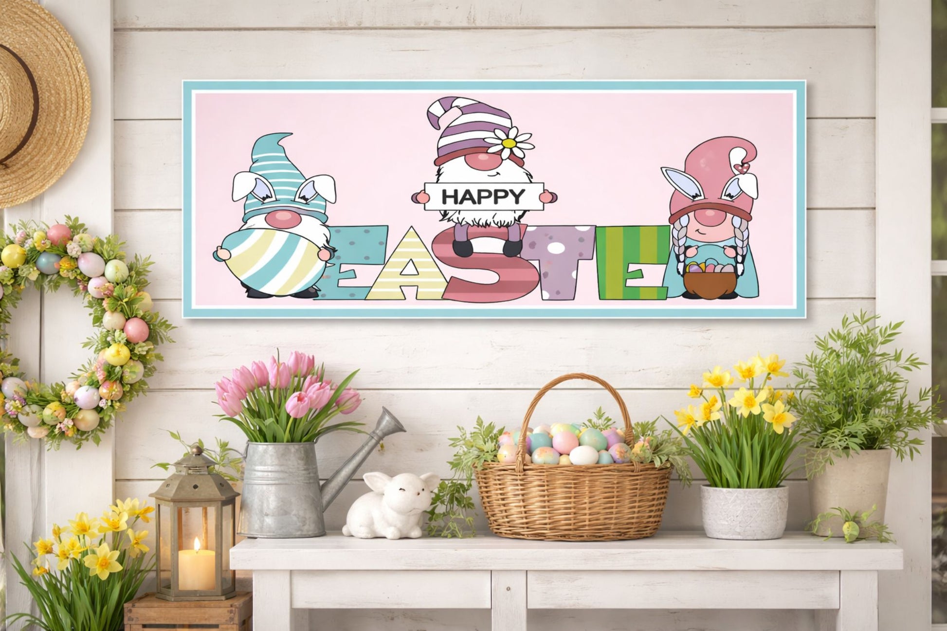 Happy Easter gnome sign displayed on a spring-themed wall with Easter decor