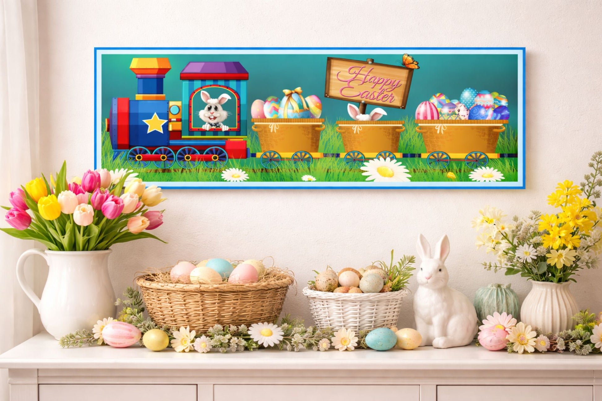 Easter Bunny train wall sign displayed with spring flowers and Easter decorations