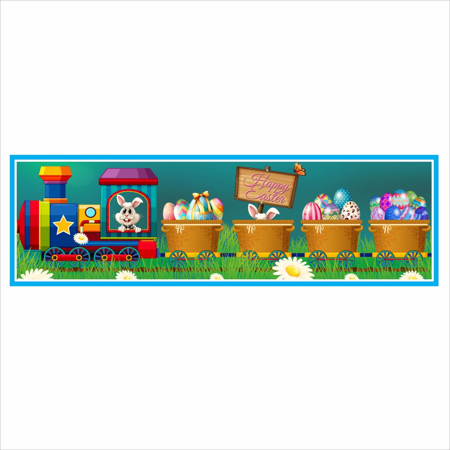 Easter Bunny train sign with colorful decorated eggs and Happy Easter 