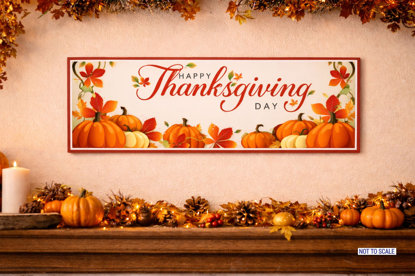 Thanksgiving pumpkin wall sign displayed above mantel with autumn garland and seasonal decorations