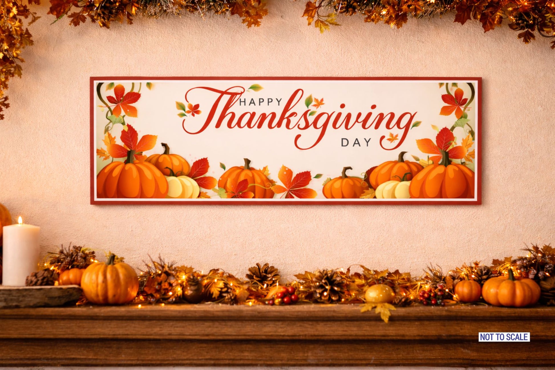 Thanksgiving pumpkin wall sign displayed above mantel with autumn garland and seasonal decorations