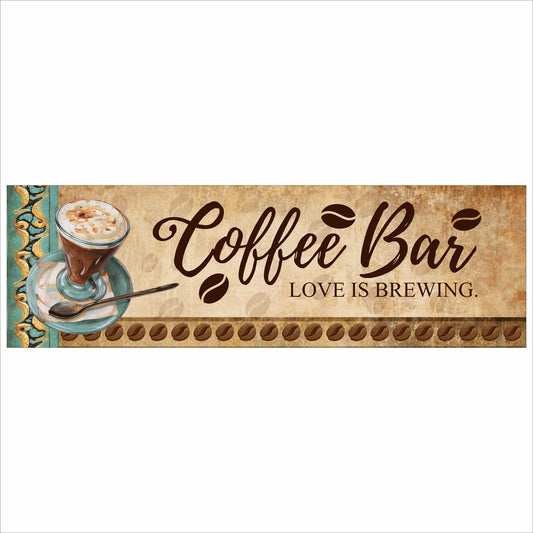 coffee bar sign with espresso cup artwork and love is brewing phrase on vintage background