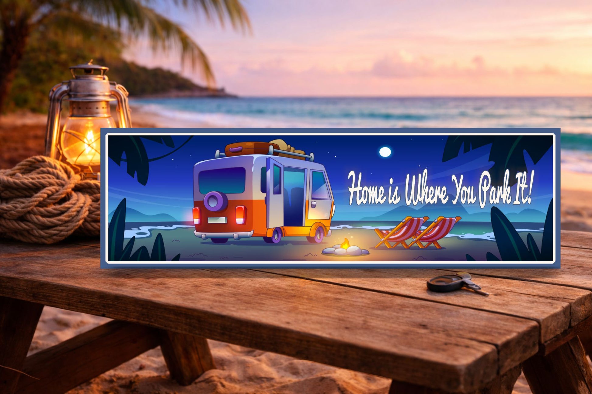 rv beach sign home is where you park it on angled picnic table with lantern rope and ocean sunset background