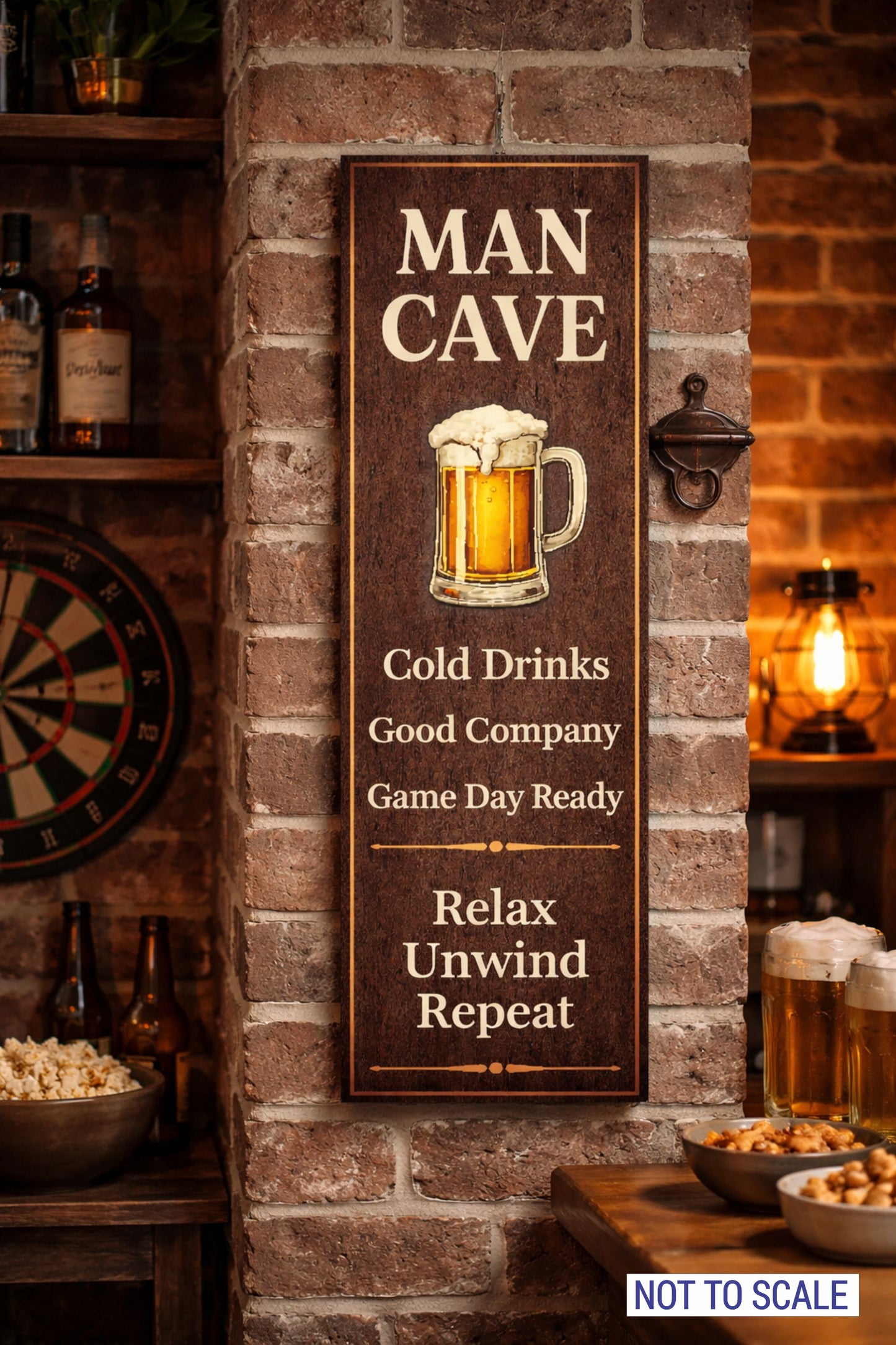 man cave sign displayed on wall in rustic bar setting with warm lighting and brick background