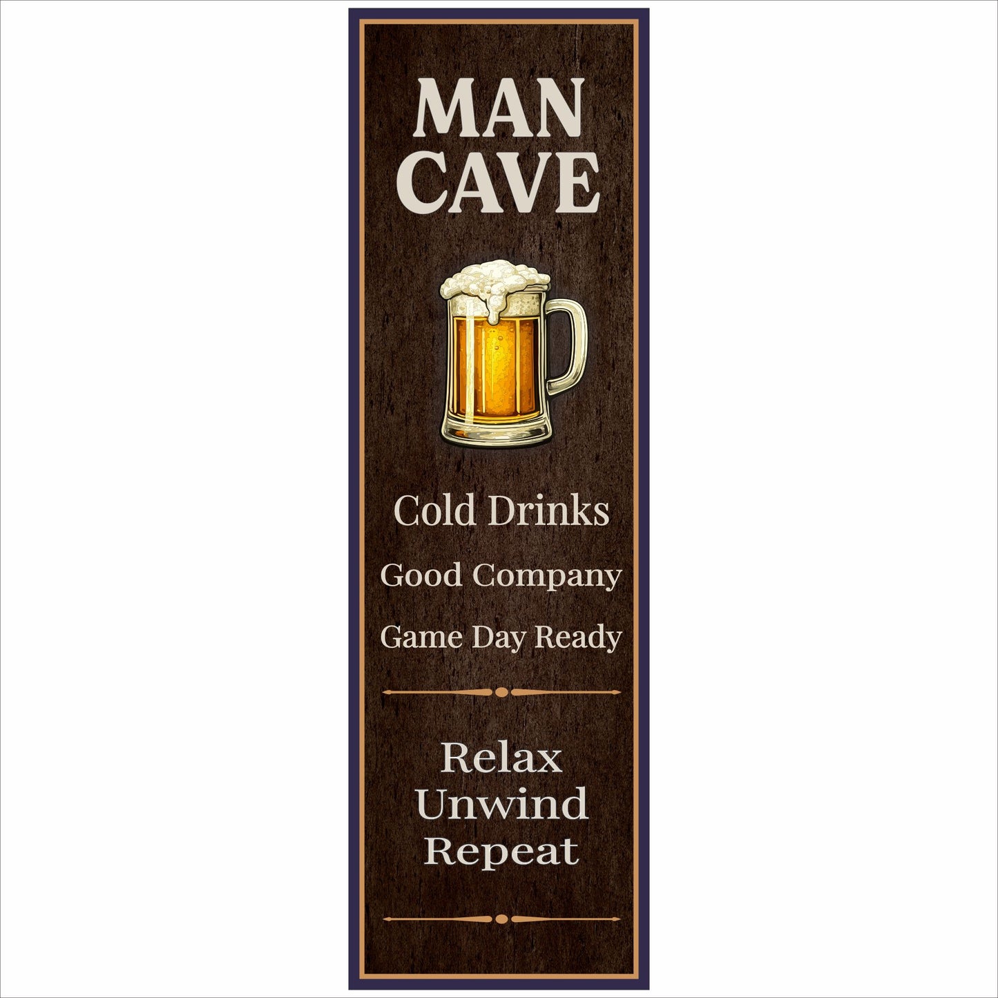 close-up of vertical man cave sign with beer mug on brown grunge background