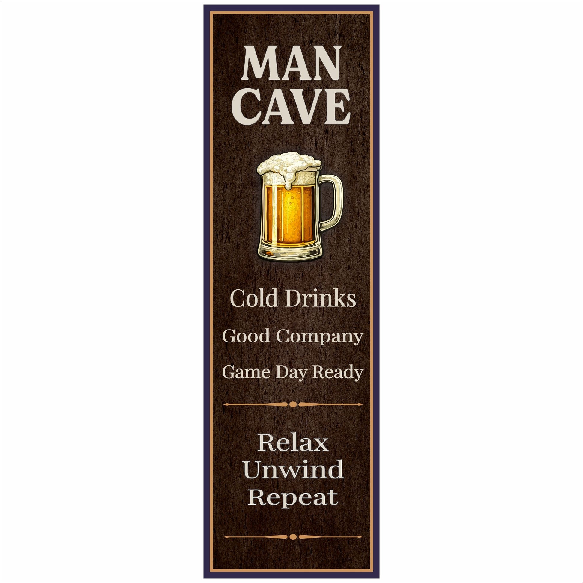 close-up of vertical man cave sign with beer mug on brown grunge background