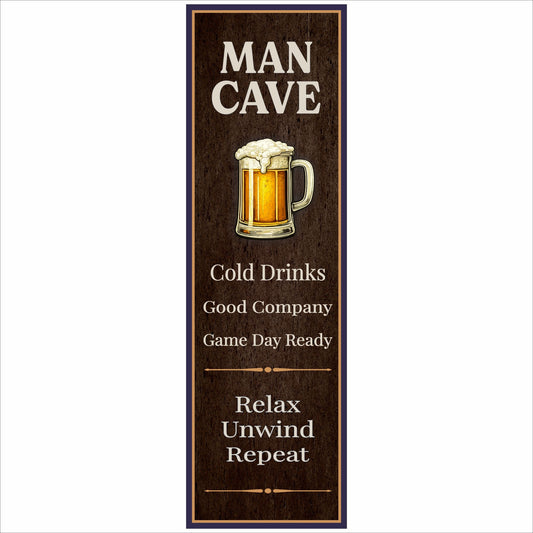 close-up of vertical man cave sign with beer mug on brown grunge background