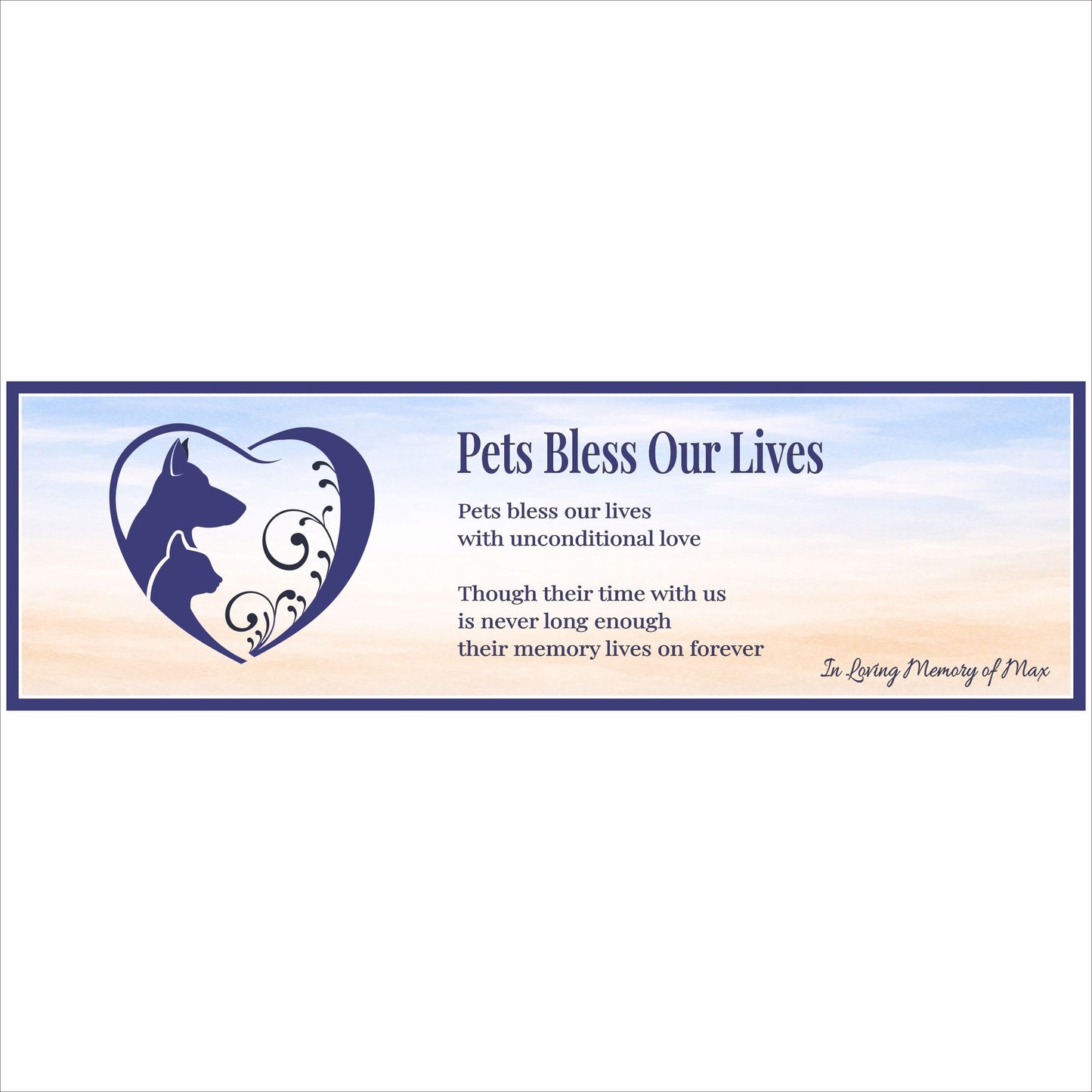 close up of personalized pet memorial sign with dog and cat heart silhouette and poem text on soft sky background