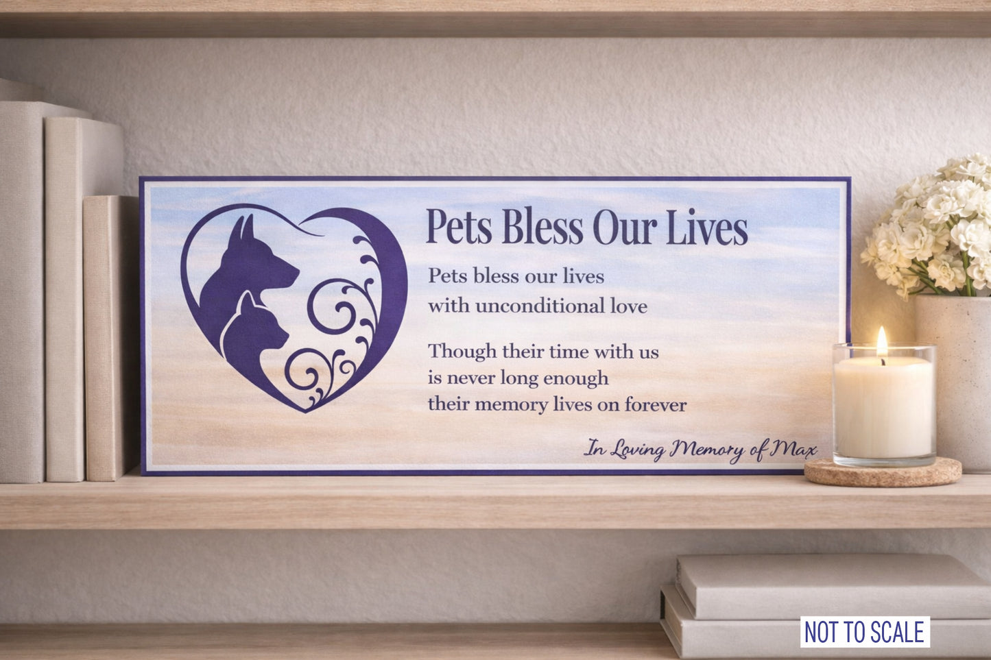 pet memorial sign displayed on shelf with candle and neutral decor creating peaceful remembrance setting