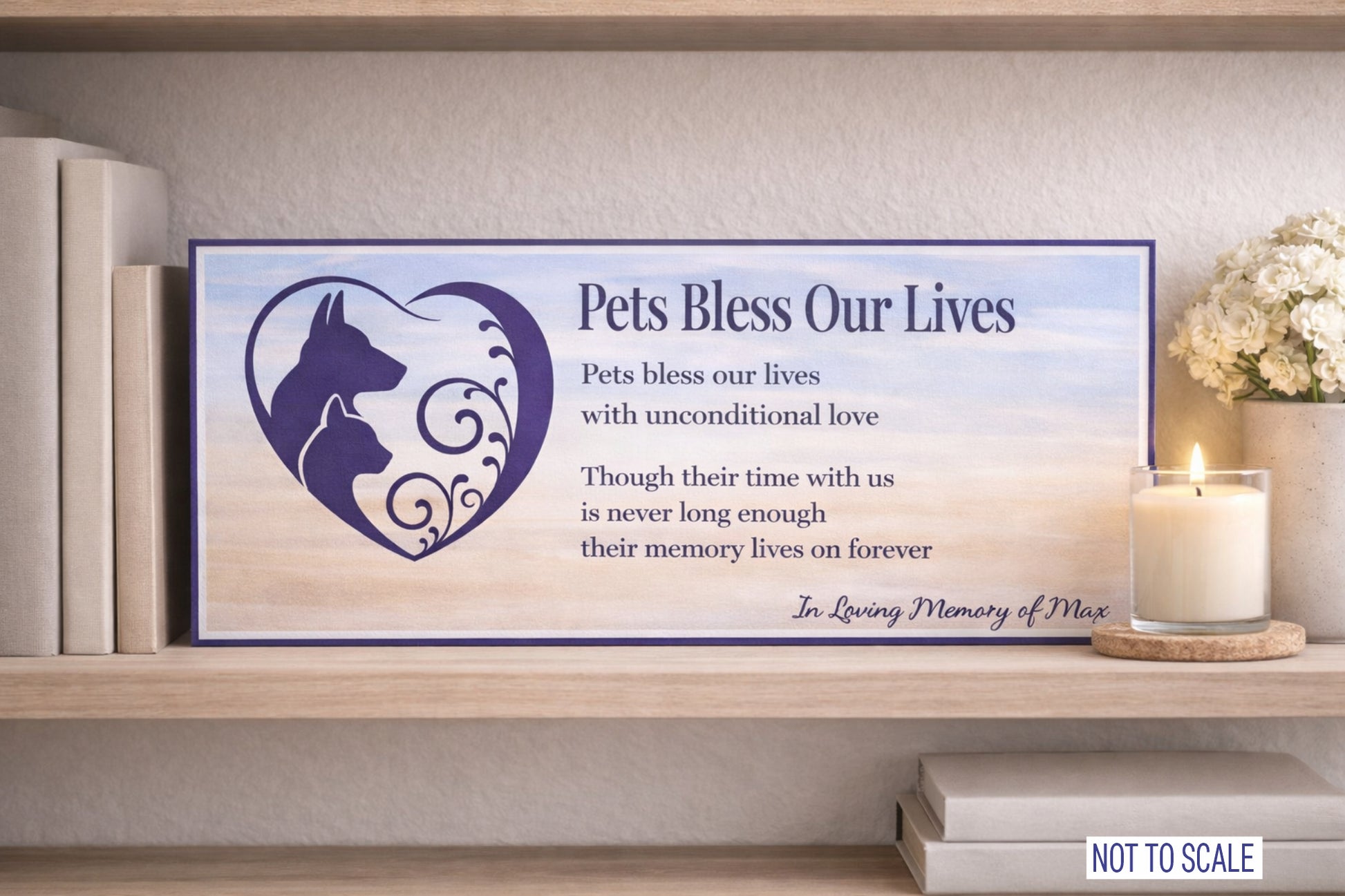 pet memorial sign displayed on shelf with candle and neutral decor creating peaceful remembrance setting