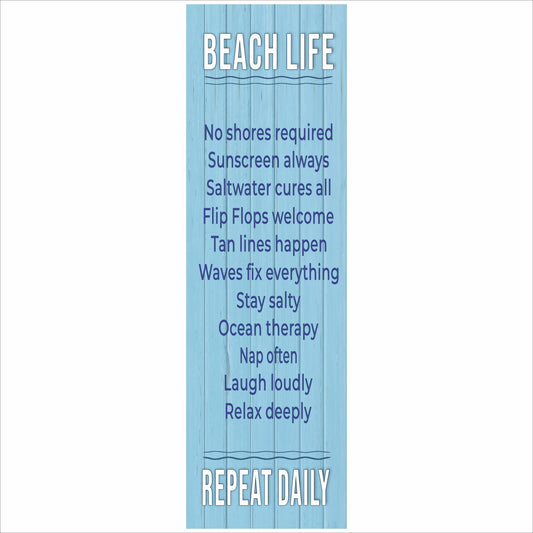 tall narrow beach life rules sign with blue wood background and coastal sayings